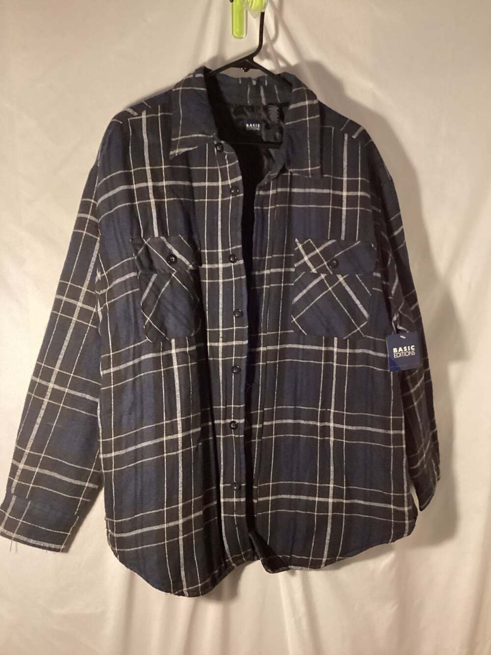 Basic Editions Quilt Lined Flannel Shirt Jacket Navy Gray Plaid Medium